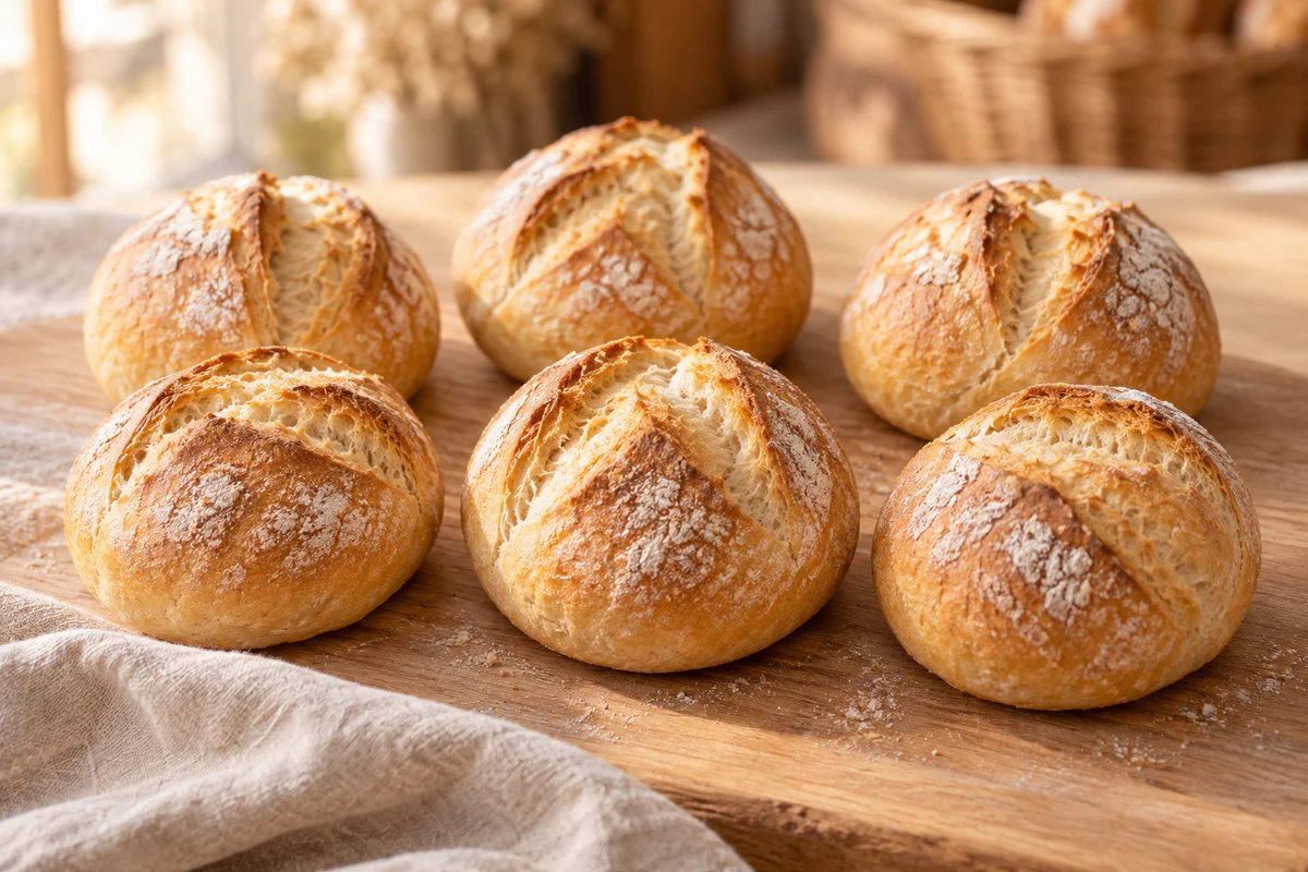 Sechs frisch gebackene Brötchen